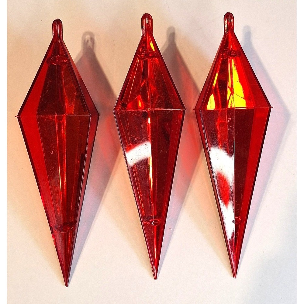 Vintage Red Acrylic Prism Icicle Ornaments Set of 3 Mid Century Modern 5.5 Inch